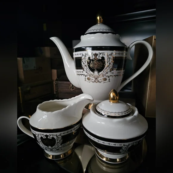 NIB Angioletti Designs Black Gold Scallop Porcelain 3-Pc Tea Set Teapot Sugar - Picture 4 of 14